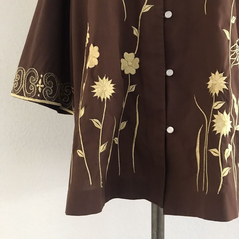 Vintage 1970s Brown Cotton Blend Floral Butterfly Embroidered Relaxed Top L - Picture 4 of 10